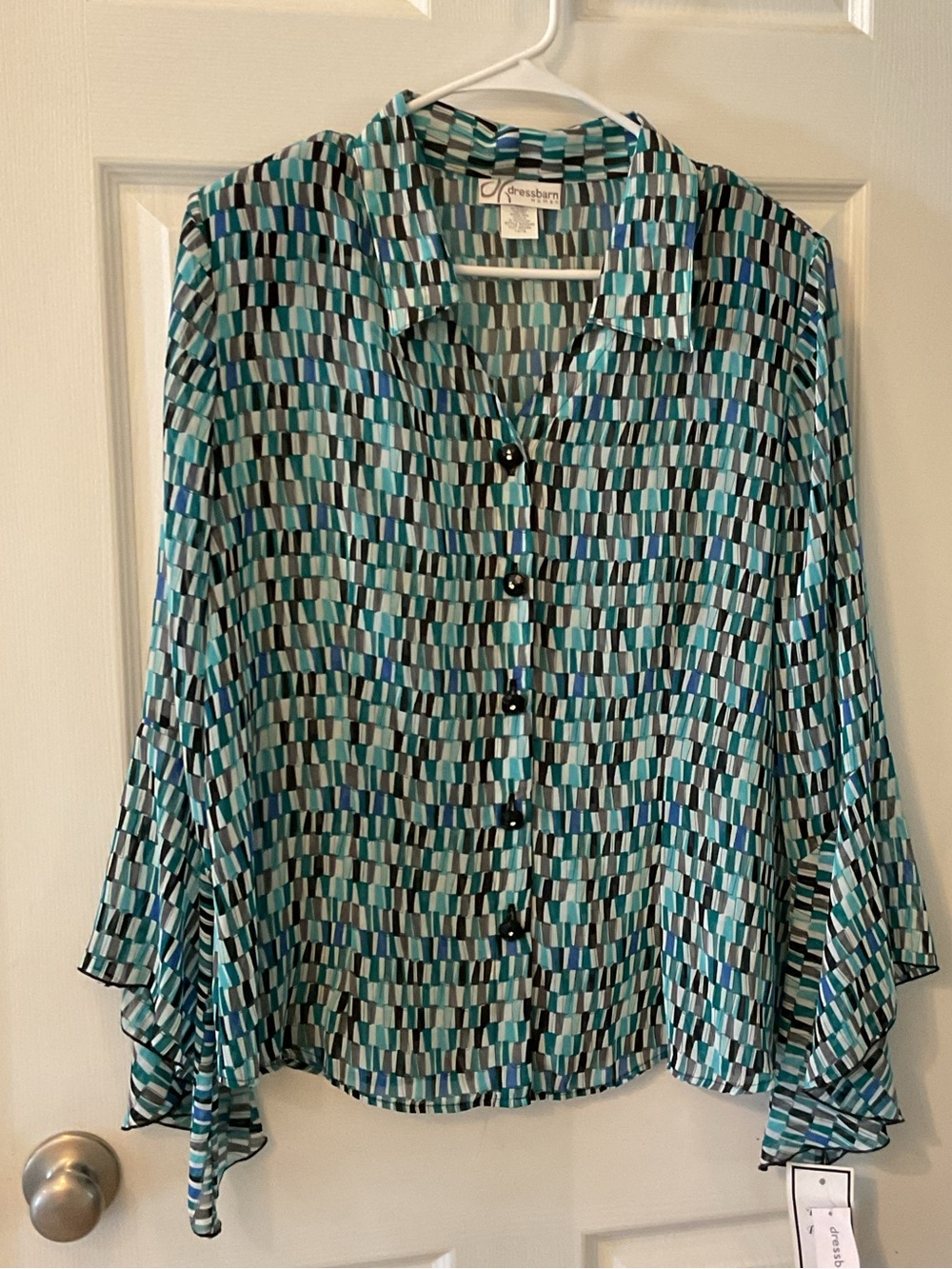 Dress Barn NWT Womens Size 14/16 Turquoise/Black/White Bell Sleeve Top